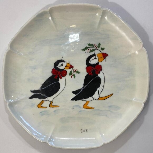 Vintage 1987 Handmade 11 1/8" Ceramic Christmas Tray Puffin Penguin Toucan - Picture 1 of 3